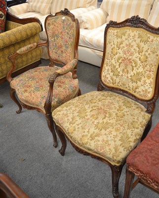 Lot 1349 - Late 19th century carved walnut fauteuil in Rococo style and a carved side chair