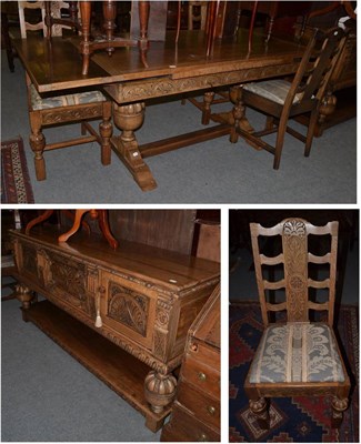 Lot 1383 - Six piece dining room suite in 17th century style comprising a draw-leaf dining table, four...