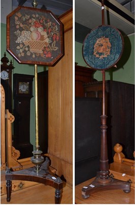 Lot 1386 - * Regency mahogany pole screen with tri-form base and a Victorian mahogany pole screen