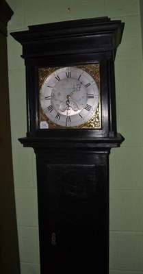 Lot 1396 - An ebonised thirty hour longcase clock, signed Adam Cleak, Bridport, circa 1770, caddied...