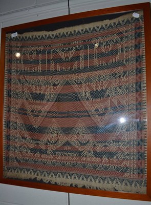 Lot 1439 - Indonesian woven panel, the ivory field woven in flat stitch with zoomorphic and...