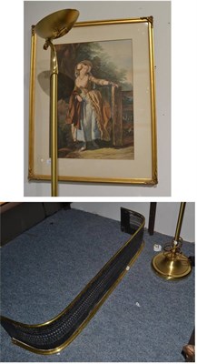 Lot 1451 - George III brass curb, modern brass uplighter and a large gilt framed Baxter print