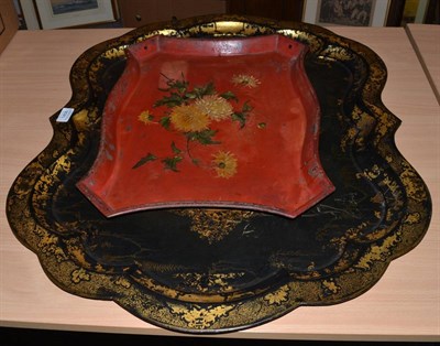 Lot 1458 - A 19th century Toleware tray painted with a castle in a landscape in colours and gilt on a...