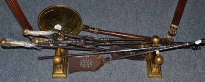 Lot 1493 - Two pairs of steel fire irons, pair of brass dogs and a warming pan