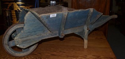 Lot 1505 - An oak and blue painted vintage wheel barrow