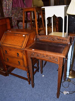 Lot 1520 - Quantity of furniture to include small oak bureau, carved oak side table, Victorian painted...