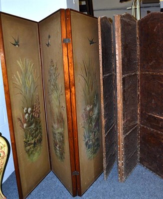 Lot 1541 - Four leaf leather embossed screen together with a painted three leaf dressing screen