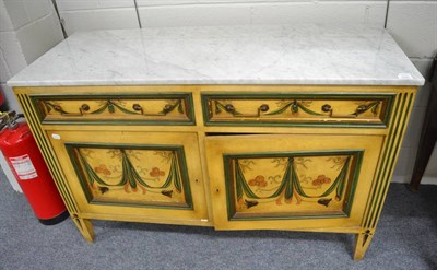 Lot 1547 - A 20th century polychrome decorated commode with grey marble top