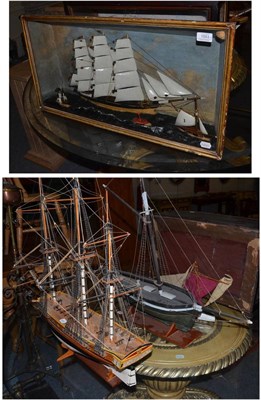 Lot 1553 - Two Victorian glazed model of a steamer ships in glazed cases, a model of a galleon, a painted...