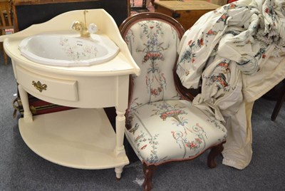 Lot 1563 - Victorian nursing chair later recovered, two pairs of curtains with tie backs and a vanity wash...