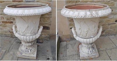 Lot 1594 - Pair of Victorian cream painted pedestal garden urns