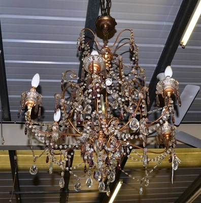 Lot 1608 - Six-branch chandelier with pear shaped clear and amethyst pendant drops