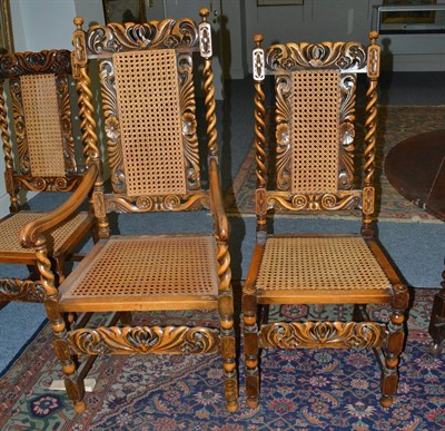 Lot 1637 - Set of five 1920's cane seated dining chairs including two carvers