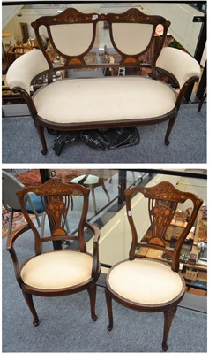 Lot 1640 - An Edwardian part salon suite comprising a small sofa, two side chairs, an armchair (together...