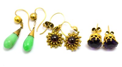 Lot 8 - # Three pairs of earrings; including a pair of jade drop earrings, with hook fittings, length...