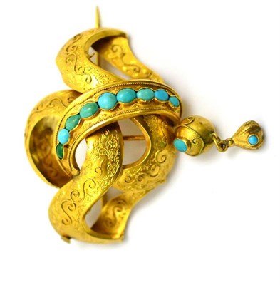 Lot 10 - # A mid-Victorian turquoise set knot brooch, with engraving and rope twist decoration, and a...
