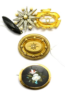 Lot 20 - # Five brooches, including; a Victorian brooch of oval form set centrally with seed pearls in...