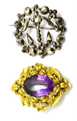 Lot 27 - # An amethyst and split pearl brooch, with cannetille decoration, measures 4.4cm by 3.5cm and a cut