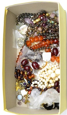Lot 31 - # Assorted broken jewellery, loose beads, odd earrings, a cultured pearl necklace and six other...