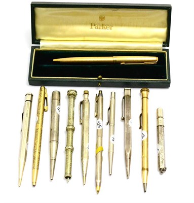 Lot 54 - A Parker 61 ballpoint pen in 9ct gold case and eleven silver cased propelling pencils and similar