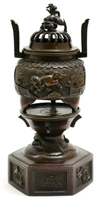 Lot 81 - A Chinese bronze incense censor surmounted by a dog of fo, height 25cm