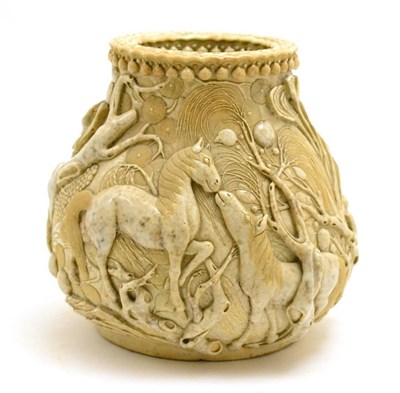 Lot 84 - A 19th century Japanese pottery vase moulded in relief with horses and trees, signed to the...
