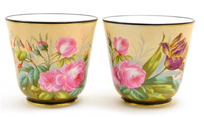 Lot 85 - Pair of large 19th century French porcelain cache-pots painted with flowers, height 23cm