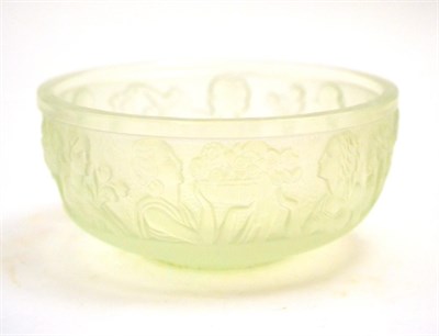 Lot 94 - A Sabino frosted glass bowl, moulded with maidens and flowers, moulded mark SABINO PARIS,...
