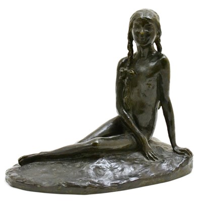 Lot 95 - Continental bronze of a seated girl, indistinctly signed and dated 1927, height 24cm