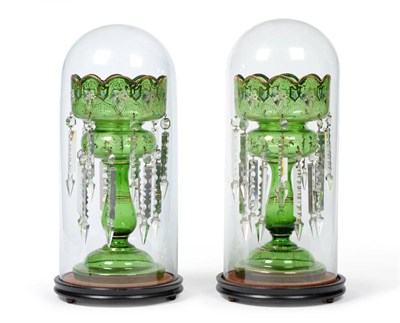 Lot 105 - Pair of Victorian green glass and floral painted drop lustres and a pair of domes, height of...