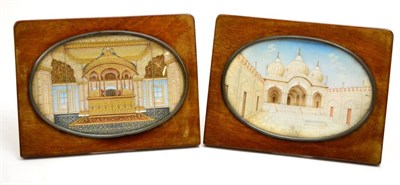 Lot 109 - A pair of Indian miniatures with palace and palace interior, oval panels 12.5cm diameter