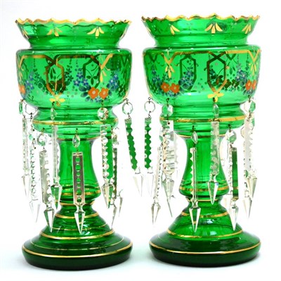 Lot 111 - Pair of Victorian green glass drop lustres, height 36cm
