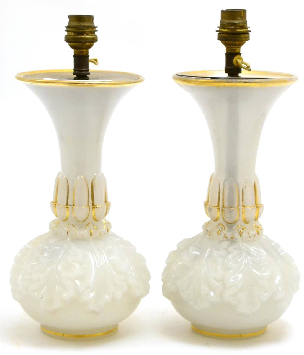 Lot 121 - Pair of 19th century Continental vases in milk and water glass, now as lamps, height 30cm