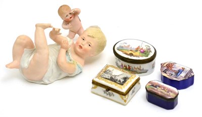 Lot 134 - A Victorian bisque piano baby and another smaller, two Bilton patch boxes and two Continental...