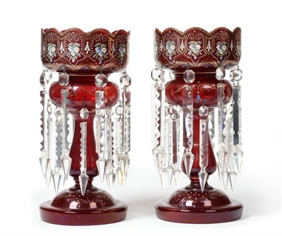 Lot 144 - Pair of Victorian ruby glass and hand painted drop lustres, height 36.5cm