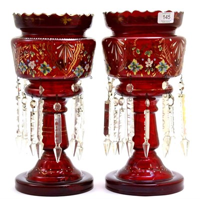 Lot 145 - Pair of Victorian ruby glass and hand painted drop lustres, height 36cm