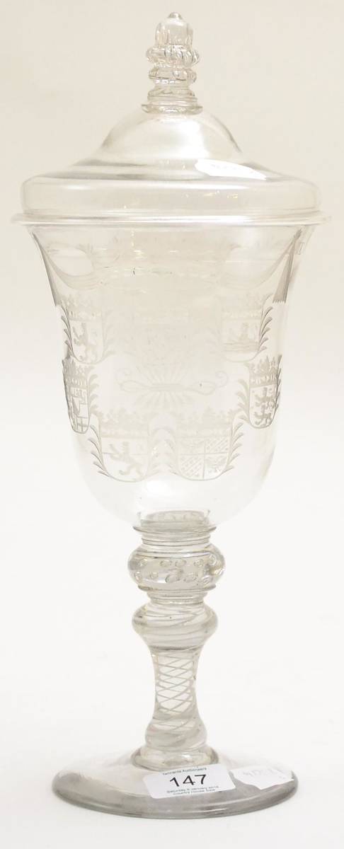 Lot 147 - An 18th century Dutch glass covered goblet, height 35cm
