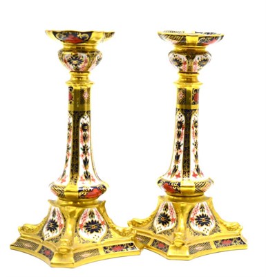 Lot 150 - A pair of Royal Crown Derby Imari candlesticks No. 1128, height 27cm