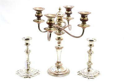 Lot 156 - Pair of silver candlesticks, height 18cm and a plated candelabrum