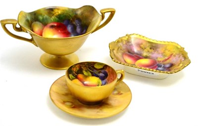Lot 169 - A Royal Worcester fruit study twin handled pedestal dish, signed W B Bee, diameter 15cm, a...