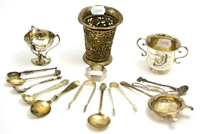 Lot 179 - Silver spoons, a twin-handled cup, tongs, vase etc