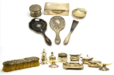 Lot 180 - A silver group, knife rests, box, dressing table items, a shell dish etc