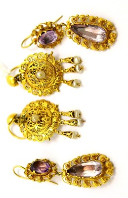Lot 190 - # Two pairs of earrings, including; a pair of Victorian pearl set drop earrings, hook fittings,...