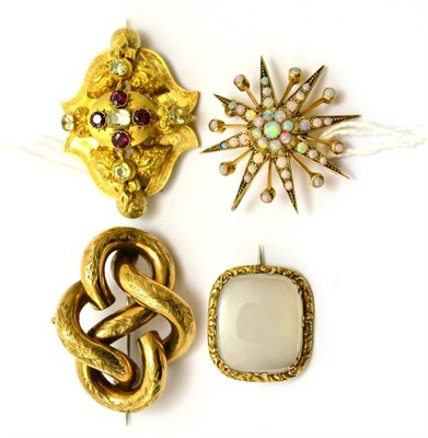 Lot 193 - # Four brooches, including; a Victorian garnet and chrysoberyl set brooch with chased...