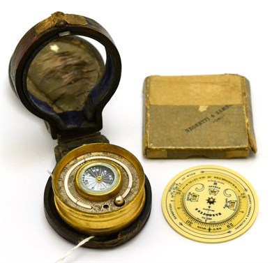 Lot 194 - A brass cased combined pocket barometer/thermometer and compass, unsigned, silvered dial, the...