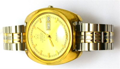 Lot 196 - A plated electronic centre seconds calendar wristwatch, signed Omega, Geneve, Chronometer,...