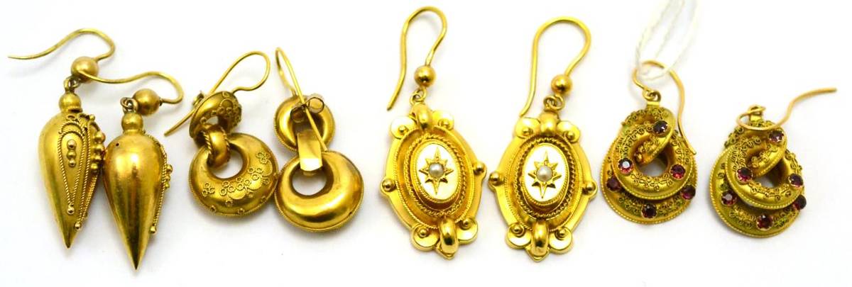 Lot 198 - # Four pairs of earrings, including; a pair of Etruscan style Victorian drop earrings, length...