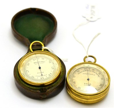 Lot 199 - Two pocket aneroid barometers, silvered dial signed Davis Leeds, brass case with a suspension loop