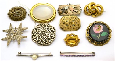 Lot 200 - # Eleven brooches, including; a chalcedony brooch, a white metal Celtic design brooch, a...