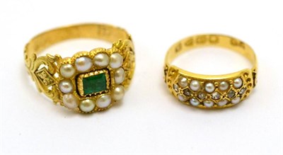 Lot 213 - # An 18ct gold seed pearl and rose cut diamond three row ring, finger J1/2, and an 18ct gold...